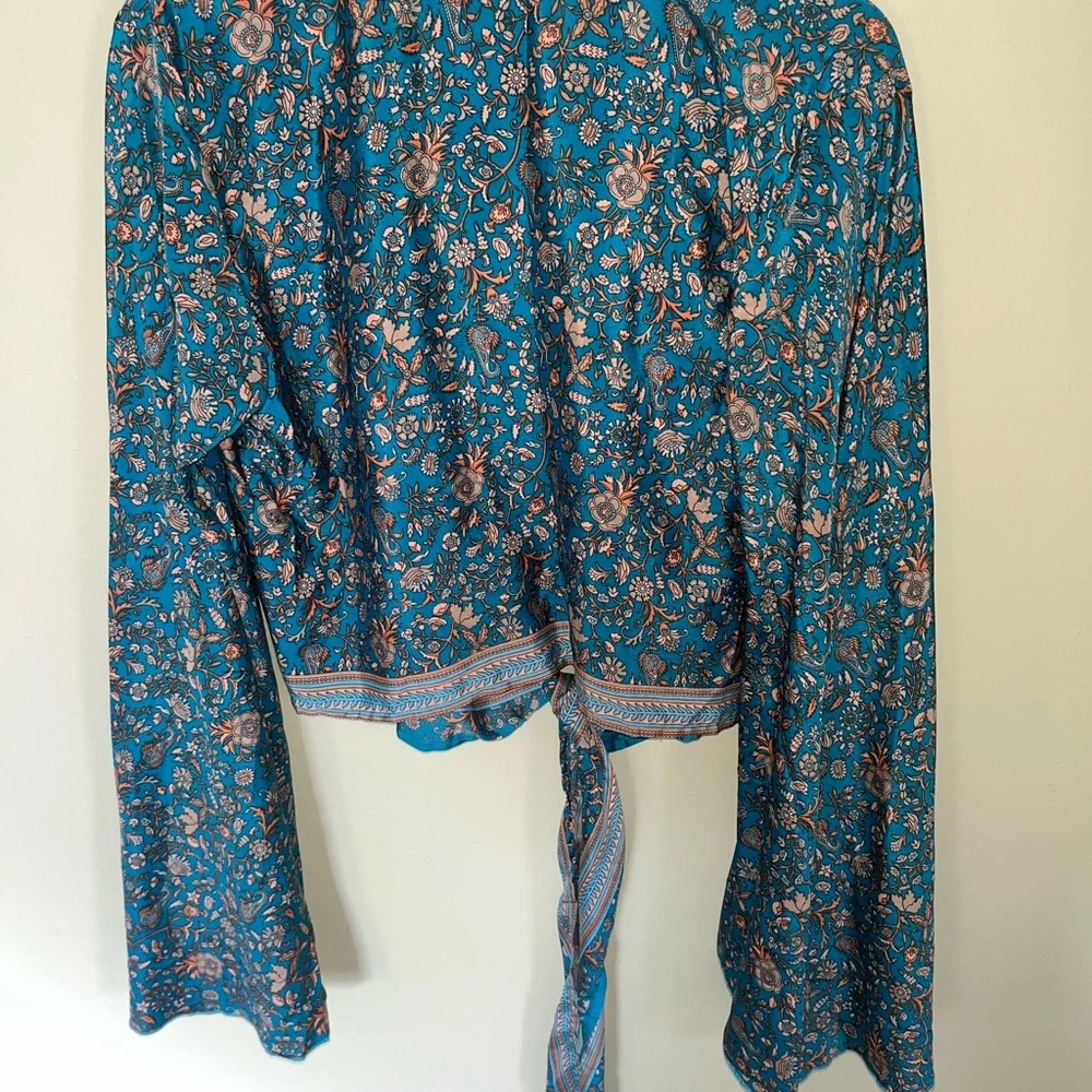 NWT Floral Teal Kimono Silk Blouse - Picture 5 of 5